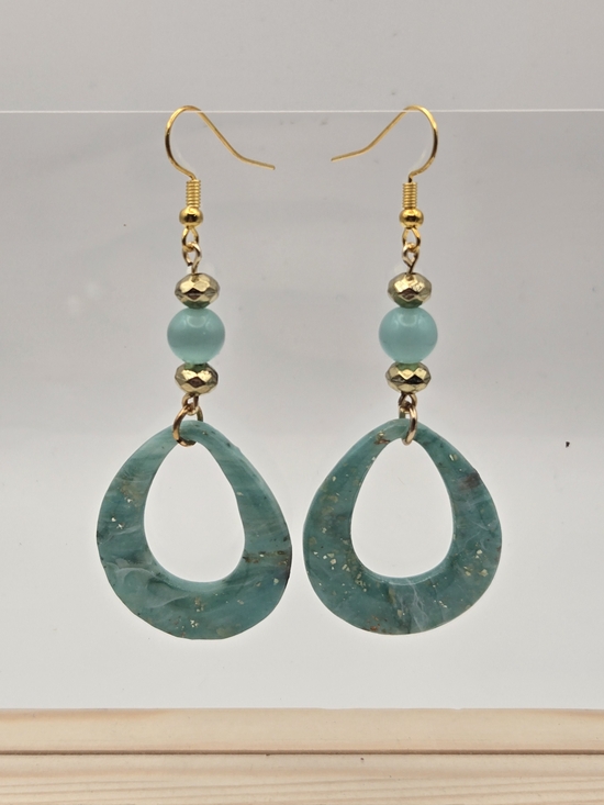 Erins Lovely Creations Jewelry - #B514- Gold-Trim Teal Resin Teardrop Earrings